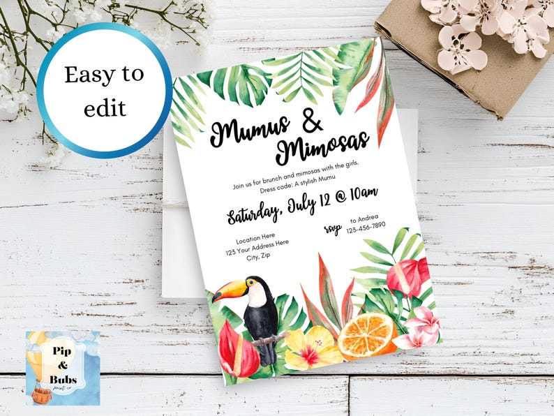 Pu&ograve; includere: Un invito bianco con il testo "Mumus & Mimosas" e i dettagli dell'evento. Il design include illustrazioni ad acquerello di foglie tropicali, fiori, un tucano e una fetta d'arancia. Le parole "Easy to edit" sono in un cerchio blu.