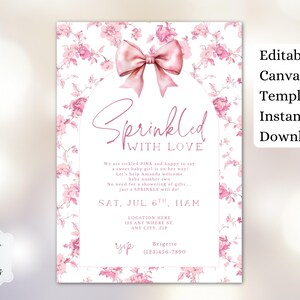 Sprinkled with Love Baby Sprinkle Invitation Template | Editable Canva Baby Shower Invite |Pink Floral Toile and Bow Baby Sprinkle Invite image 11