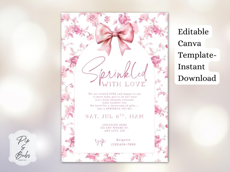 Sprinkled with Love Baby Sprinkle Invitation Template | Editable Canva Baby Shower Invite |Pink Floral Toile and Bow Baby Sprinkle Invite image 11