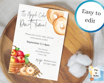 Donut Party Editable Invitation Apple Cider Donut Invite Kids Party Friends Autumn Fall Canva Invitations Sweet Treats