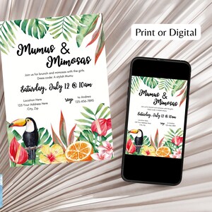 Invito al brunch Mumus and Mimosas: modello modificabile per una festa tropicale su Canva (download digitale) immagine 6