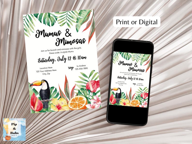 Invito al brunch Mumus and Mimosas: modello modificabile per una festa tropicale su Canva (download digitale) immagine 6