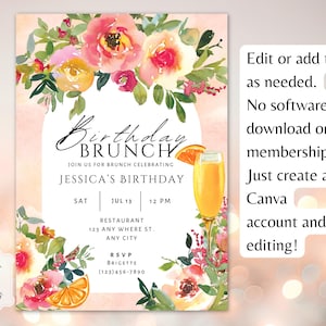 Verjaardagsbrunch bewerkbare uitnodiging heldere zomerroze perzik bloemenuitnodiging voor haar Canva Invite Mimosa Brunch afbeelding 4