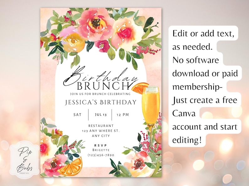 Verjaardagsbrunch bewerkbare uitnodiging heldere zomerroze perzik bloemenuitnodiging voor haar Canva Invite Mimosa Brunch afbeelding 4
