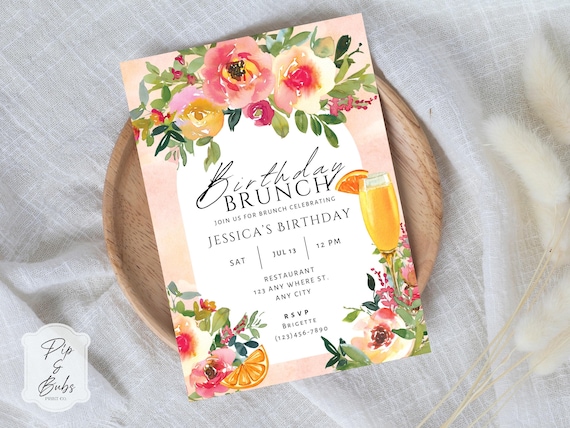 Birthday Brunch Editable Invitation Bright Summer Pink Peach Floral Invite for Her Canva Invite Mimosa Brunch