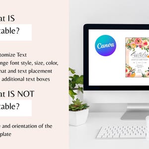 Op de afbeelding: Een computermonitor toont een Canva-ontwerp voor een brunchverjaardagsuitnodiging. Het scherm toont een bloemenontwerp met tekst. Tekst aan de linkerkant van het scherm luidt "What Is Editable?" en "What Is NOT Editable?"