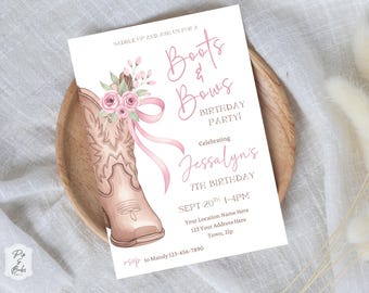 Boots and Bows Birthday Invitation Editable Invite Cowgirl Themed Birthday Canva Template
