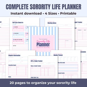 Könnte beinhalten: Eine Sammlung druckbarer Planerseiten mit dem Titel Complete Sorority Life Planner, die hellblaue und weiße vertikale Streifen, rosa Akzente und verschiedene Organisationsvorlagen für Studium, soziale Veranstaltungen und persönliche Selbstfürsorge enthält.