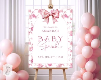 Pink Toile Baby Sprinkle Welcome Sign Template, Pink Bow Baby Shower Sign Editable in Canva, Pink White Welcome Poster,