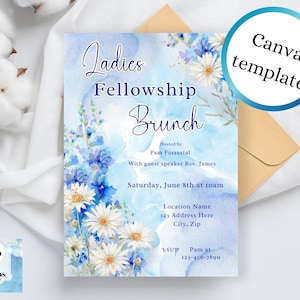 Womens Fellowship Editable Invitation Ladies Brunch Daisy Blue Christian Bible Study Church Event Canva Invite Digital Invitations