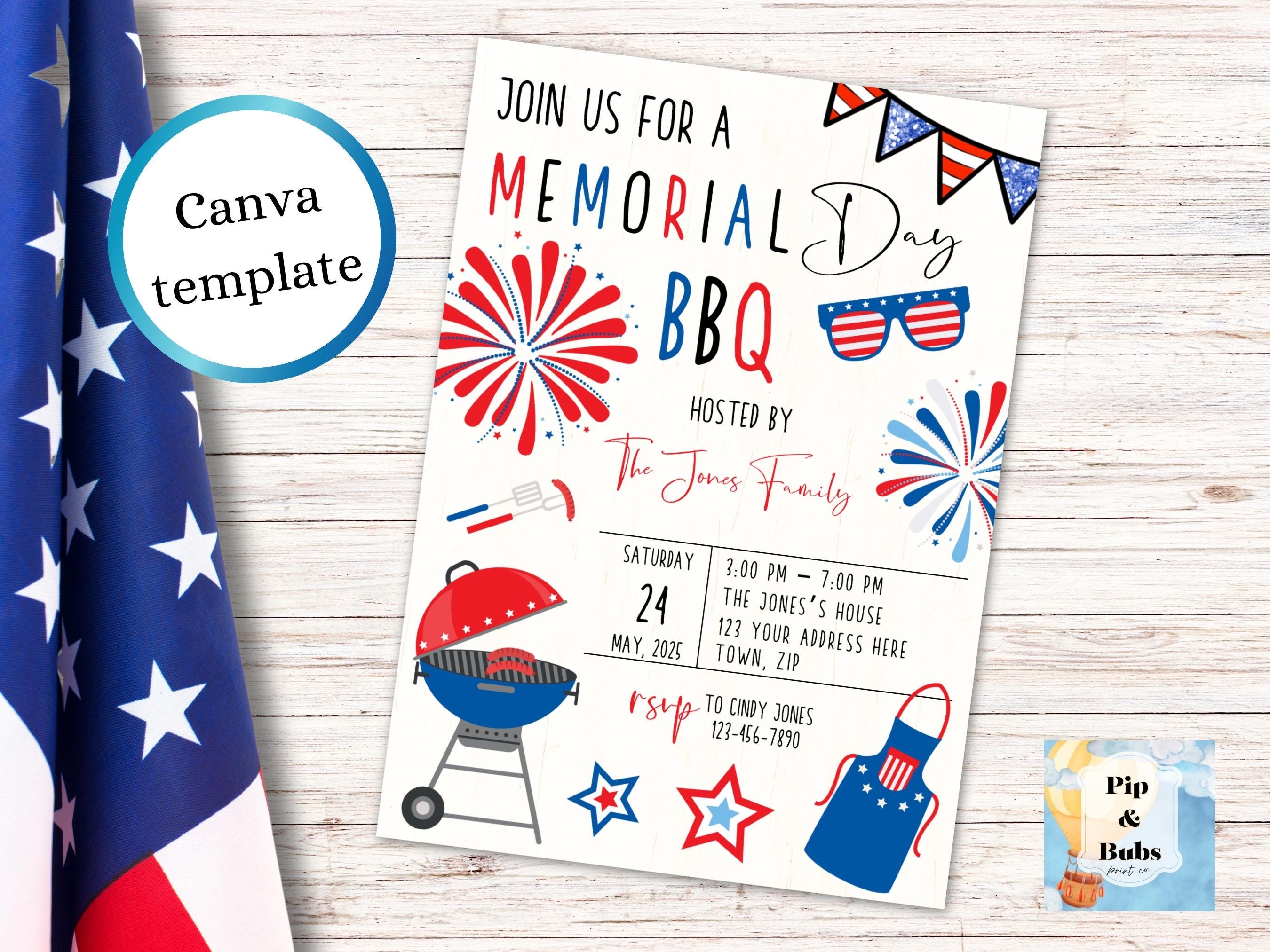Memorial Day BBQ Editable Invitation Digital Download Patriotic Party ...