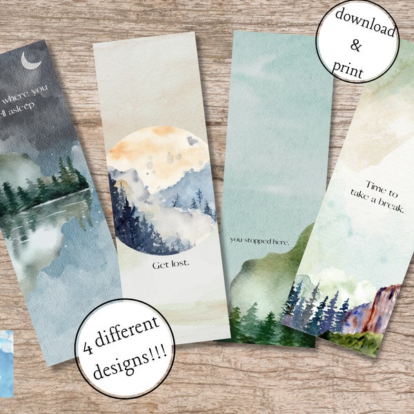 Mountain watercolor bookmarks funny sayings set of 4 designs printable for men women teens gift