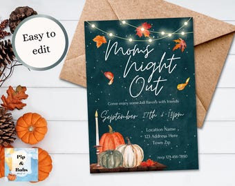 Invitación editable para una noche de mamás con temática de otoño, calabazas, invitaciones digitales de Canva para una noche de chicas.