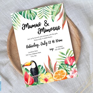 Invito al brunch Mumus and Mimosas: modello modificabile per una festa tropicale su Canva (download digitale) immagine 2