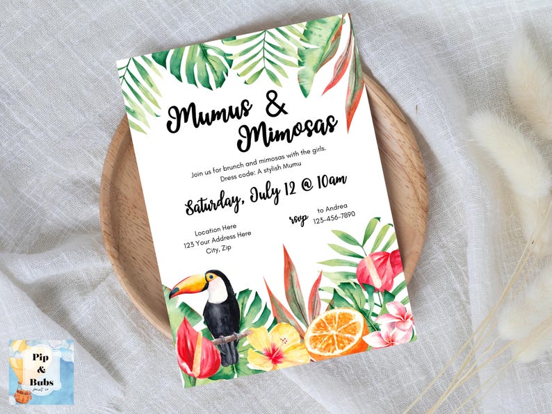 Invito al brunch Mumus and Mimosas: modello modificabile per una festa tropicale su Canva (download digitale) immagine 2