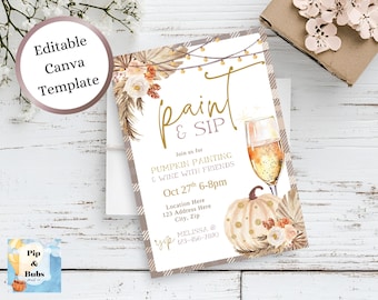 Editable Fall Paint and Sip Invitation | Pumpkin Painting Party Wine Night | Girls Night Out Autumn Invite Template | Canva Editable