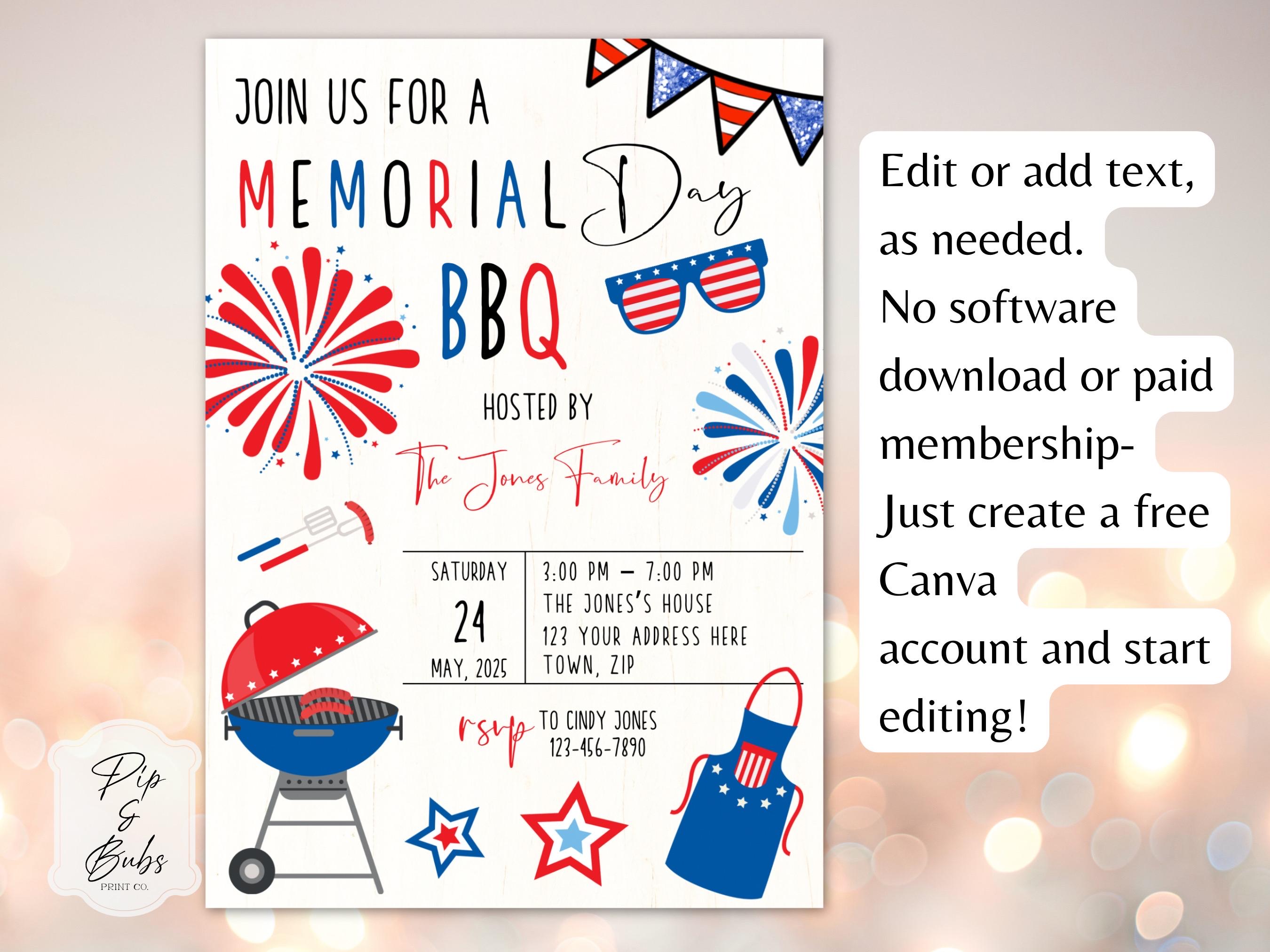 Memorial Day BBQ Editable Invitation Digital Download Patriotic Party ...