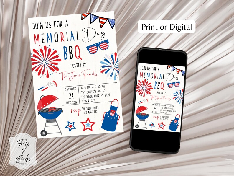 Memorial Day BBQ Editable Invitation Digital Download Patriotic Party ...