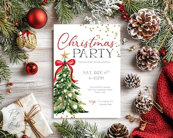 May include: A rectangular Christmas party invitation card featuring a watercolor illustration of a decorated green pine tree with a red bow and gold star, gold confetti accents, and text reading Christmas PARTY, SAT, DEC 6TH, 6-10PM.