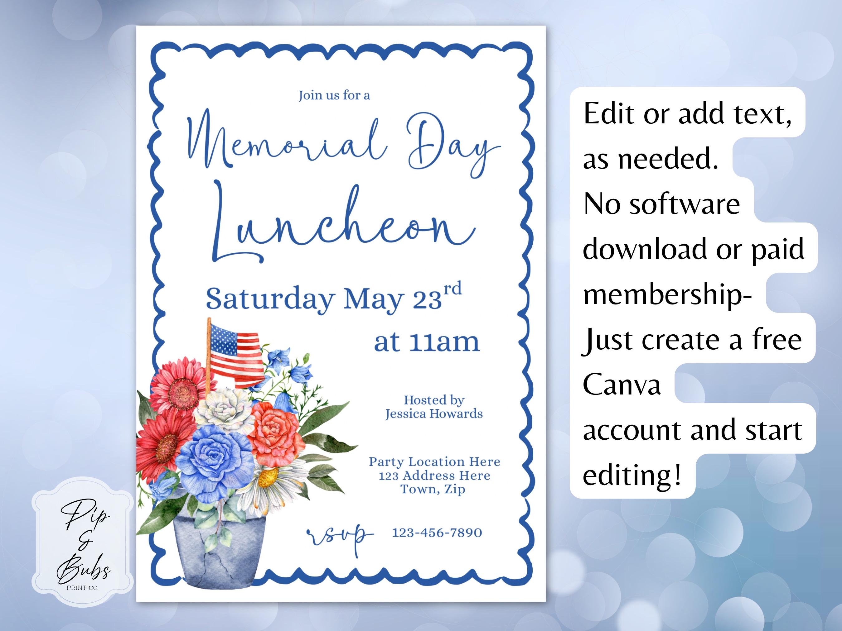 Memorial Day Luncheon Invitation Template, Patriotic Floral Invite ...