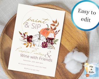 Paint and Sip Editable Invitation Pumpkin Painting and Wine Party Invite Canva Invitations Digital Invites Template Fall Autumn Wine Night