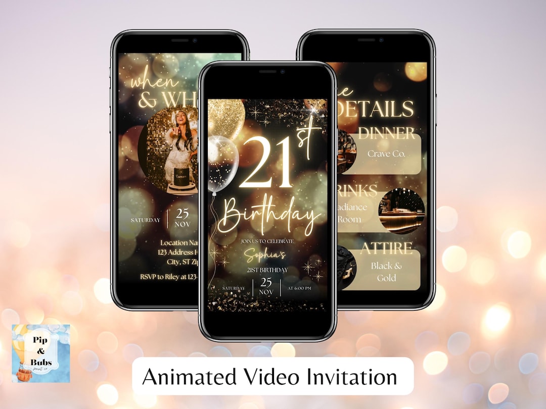 Black & Gold Animated 21st Birthday Invitation Template | Editable ...