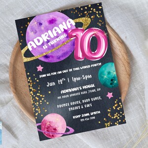 10th Birthday Cosmic Galaxy Invitation Editable Invite Balloon Outer Space Planet Pink Teal Purple Tenth Birthday Canva Template