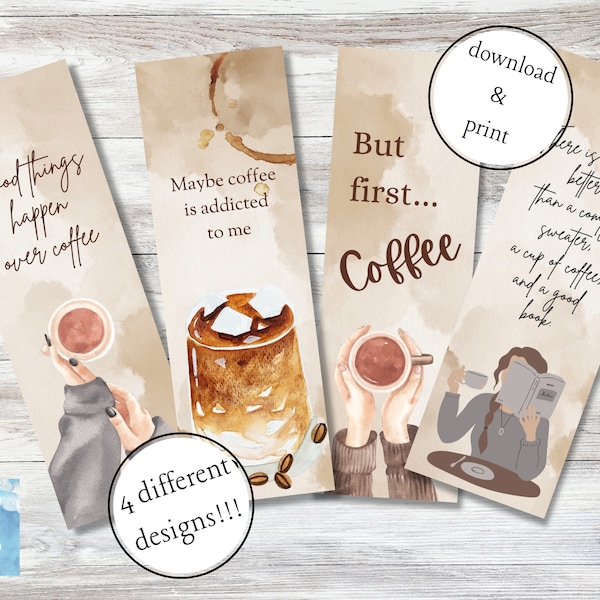 Coffee Lover Printable Bookmarks Set of 4 Designs Funny Sayings Gift for Her Mother’s Day