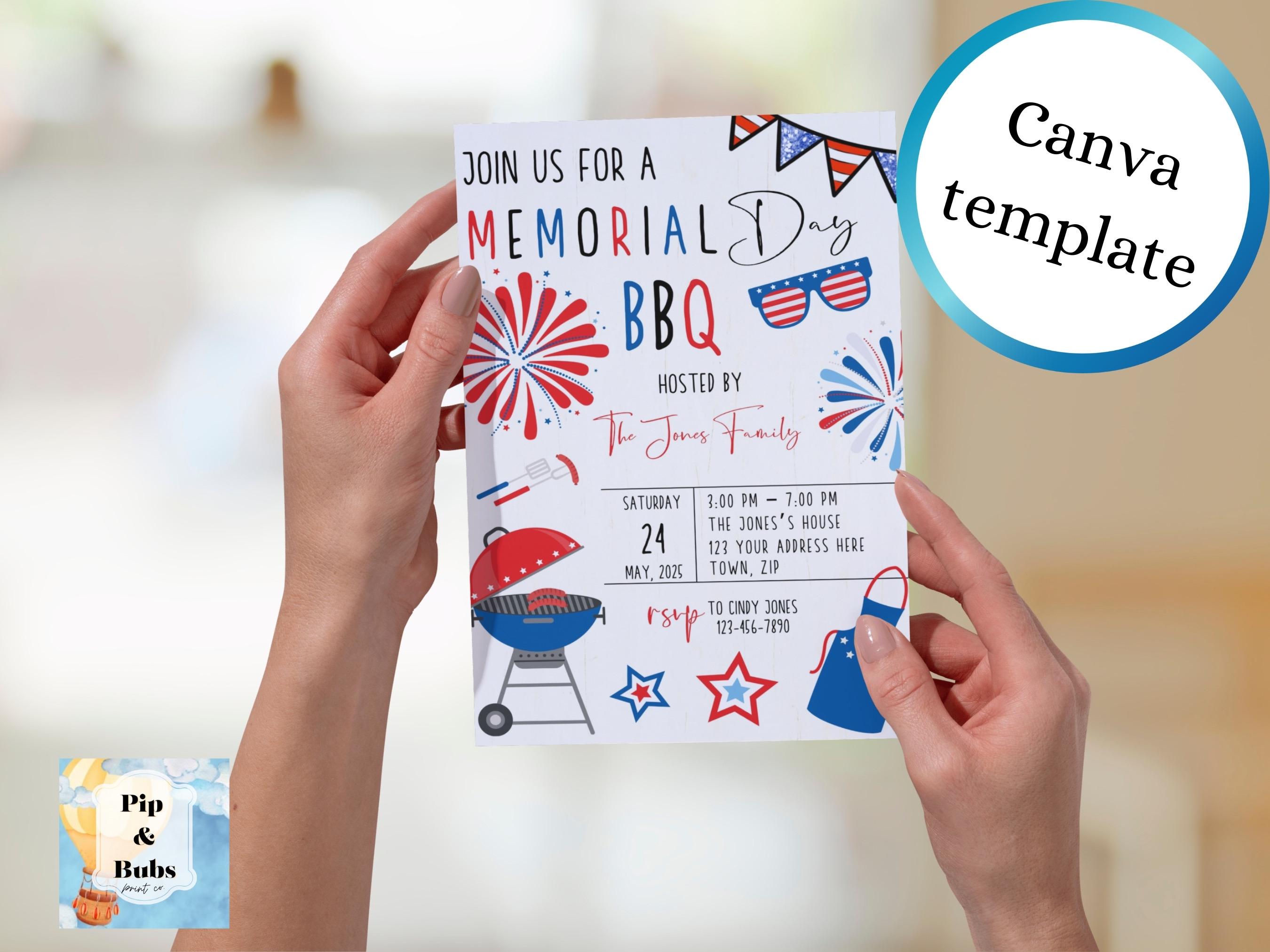 Memorial Day BBQ Editable Invitation Digital Download Patriotic Party ...