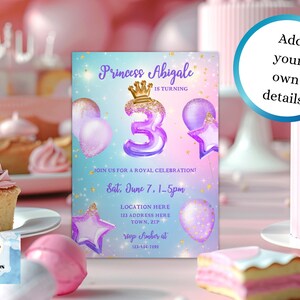 3rd Birthday Watercolor Princess Invitation Editable Invite Foil Balloon Glitter Princess Pastel Teal Purple Third Birthday Canva Template