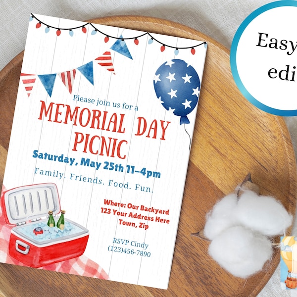 Memorial Day Picnic Editable Invitation Digital Download Patiotic Party