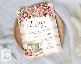 Floral Tea Party Invitation Template: Pink Rose Garden (Canva Editable, Printable and Digital Invite)
