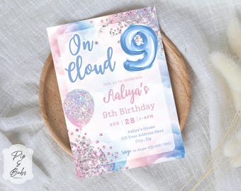 9th Birthday On Cloud 9 Girls Editable Invitation Canva Template Pink and Blue Cloud Birthday Invite Girls Ninth Birthday