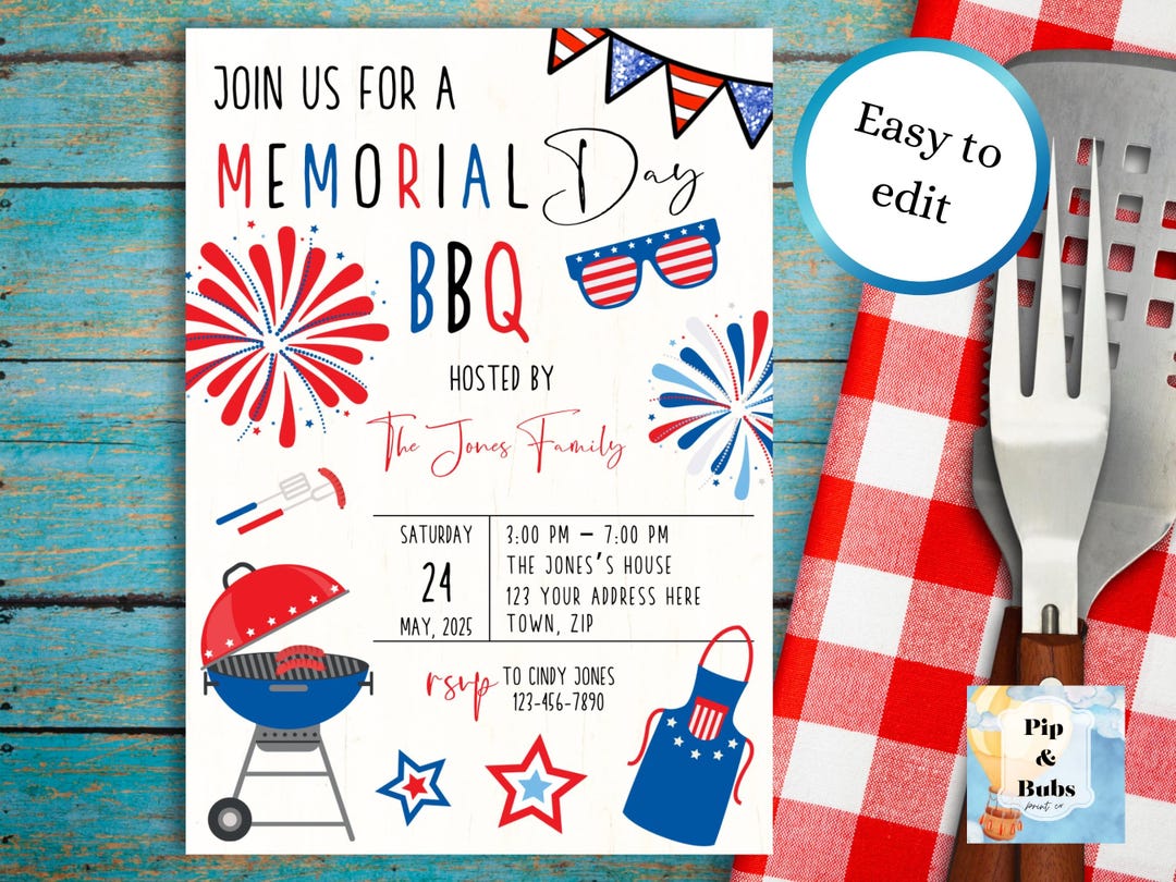 Memorial Day BBQ Editable Invitation Digital Download Patriotic Party ...