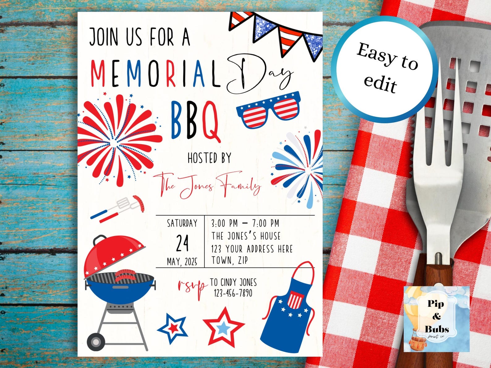 Memorial Day BBQ Editable Invitation Digital Download Patriotic Party ...
