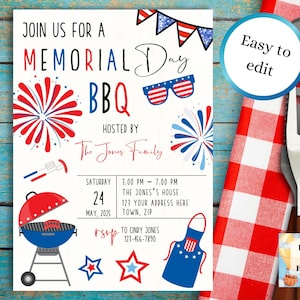 May include: Memorial Day BBQ invitation with red, white, and blue graphics. Features fireworks, stars, and a grill illustration. Includes event details: date, time, location, and RSVP information.