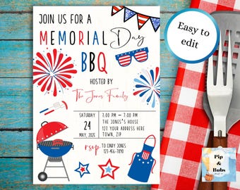Memorial Day BBQ bewerkbare uitnodiging digitale download patriottische partij Canva invite zomer kick-off