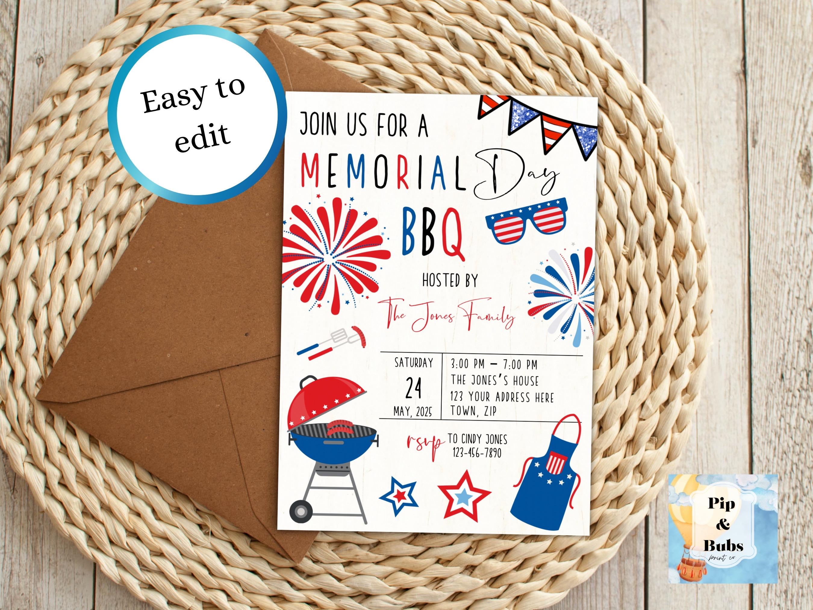 Memorial Day BBQ Editable Invitation Digital Download Patriotic Party ...