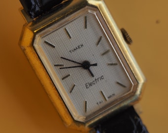 Vintage Timex Electric | Guilloche Textured Dial | Gold Rectangular Dress Watch | 1970s Taiwan