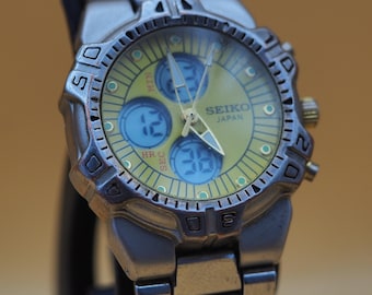 Seiko 7N89-5000 Ana-Digi | Yellow Sunburst Dial | Sports Bezel | Steel Bracelet | 1990s Vintage | Working Quartz