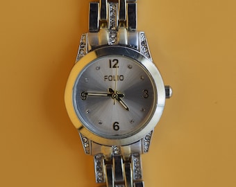 Folio Crystal Accent Silver Tone Ladies Bracelet Watch | Rhinestone Link Band | Service