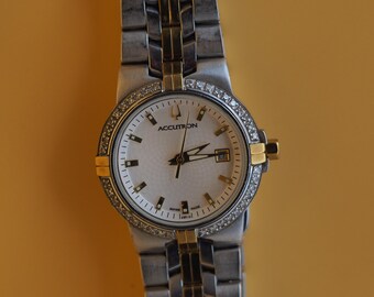 Accutron Swiss Brussels Diamond Bezel Two-Tone Ladies Quartz Watch | Ref 28R10 | Date | Serviced