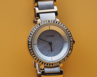 Citizen Eco-Drive Silhouette Crystal | Mother-of-Pearl Dial | Crystal Bezel | Two-Tone Ladies Watch
