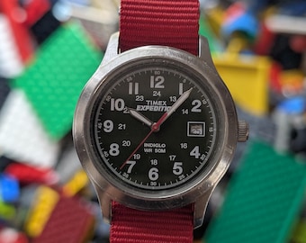 Timex Expedition Indiglo Green Dial Field Watch Red NATO Strap Serviced WR50M