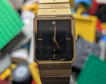 Neo-Vintage Citizen Quartz 3620 Black Dial Diamond Gold Tone Watch Serviced Japan 1979