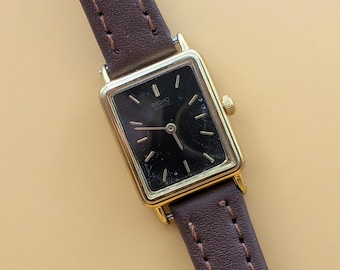 Seiko 1F20-5040 | Rectangular Tank Watch | Blue-Black Dial | Two-Tone | Vintage 1980s Quartz | Unisex Dress Watch