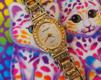 Gruen GR7209 Ladies Quartz Two-Tone Crystal Bezel Oval Bracelet Watch Serviced