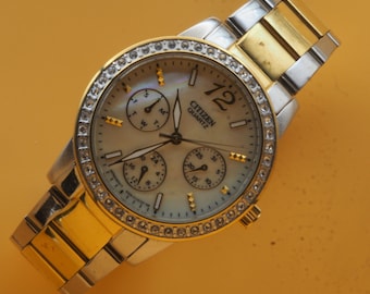 Citizen Quartz ED8124-53D | MOP Dial | Crystal Bezel | Day Date 24H | Two-Tone | vintage women's watch