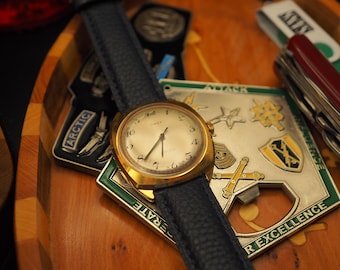 Vintage Timex Electric Gold Tone Cushion Case Watch 1970s Navy Leather strap