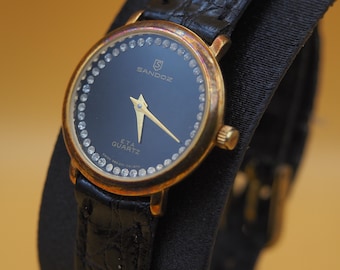 Vintage Sandoz Black Dial Crystal Bezel Dress Watch | Swiss Made 1980s
